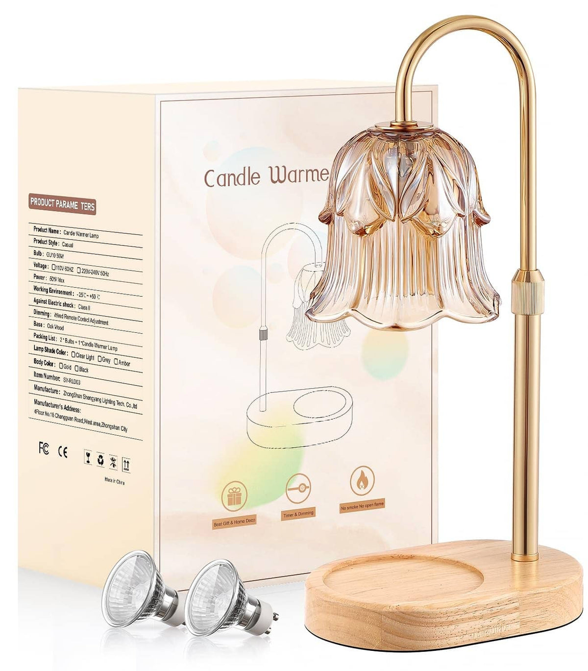 Electric candle warmer lamp with amber glass bell shade and natural wood base