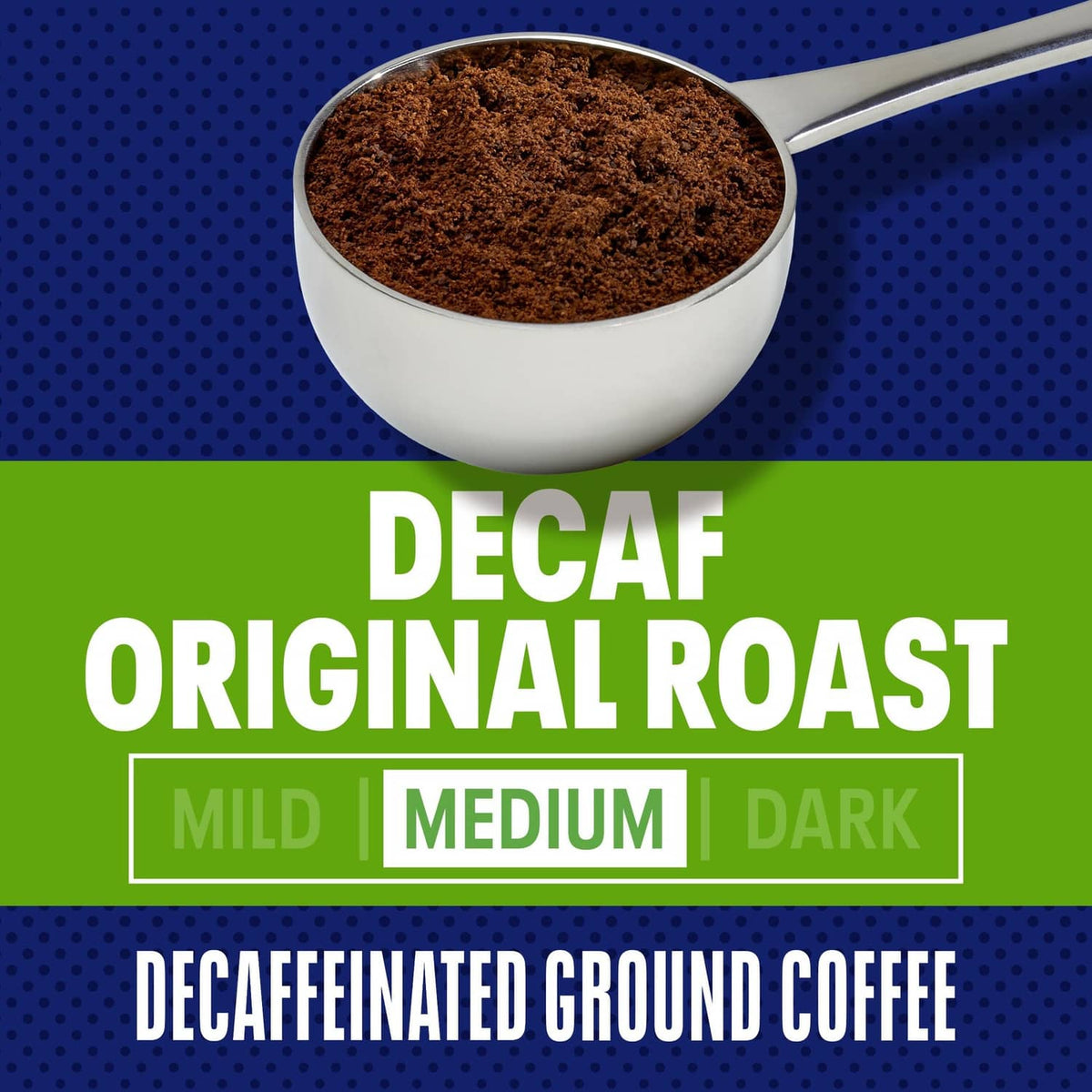 Decaf Original medium roast ground coffee in a white bowl with dark roast grounds.