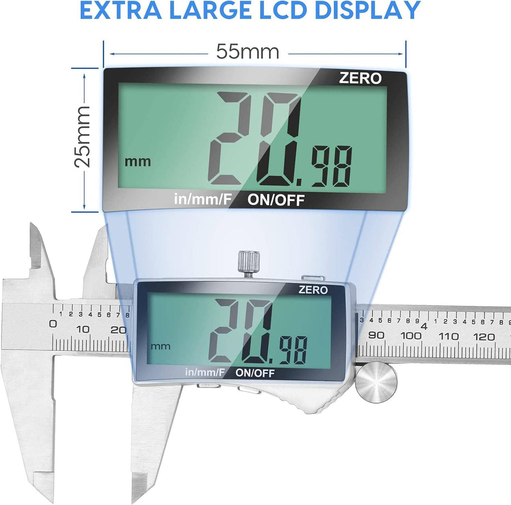 Extra-large LCD digital caliper display with green numbers and depth scale