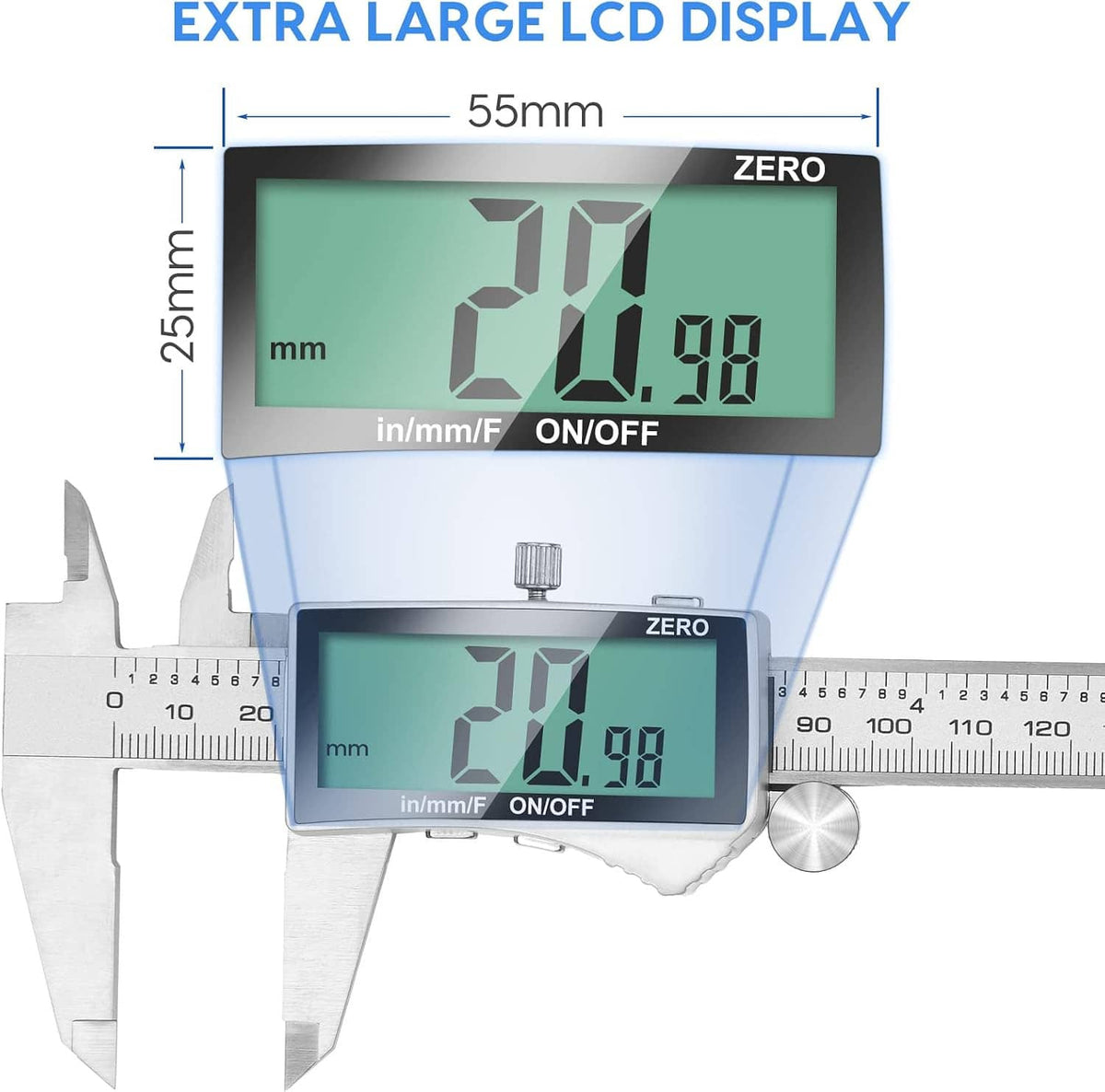 Extra-large LCD digital caliper display with green numbers and depth scale