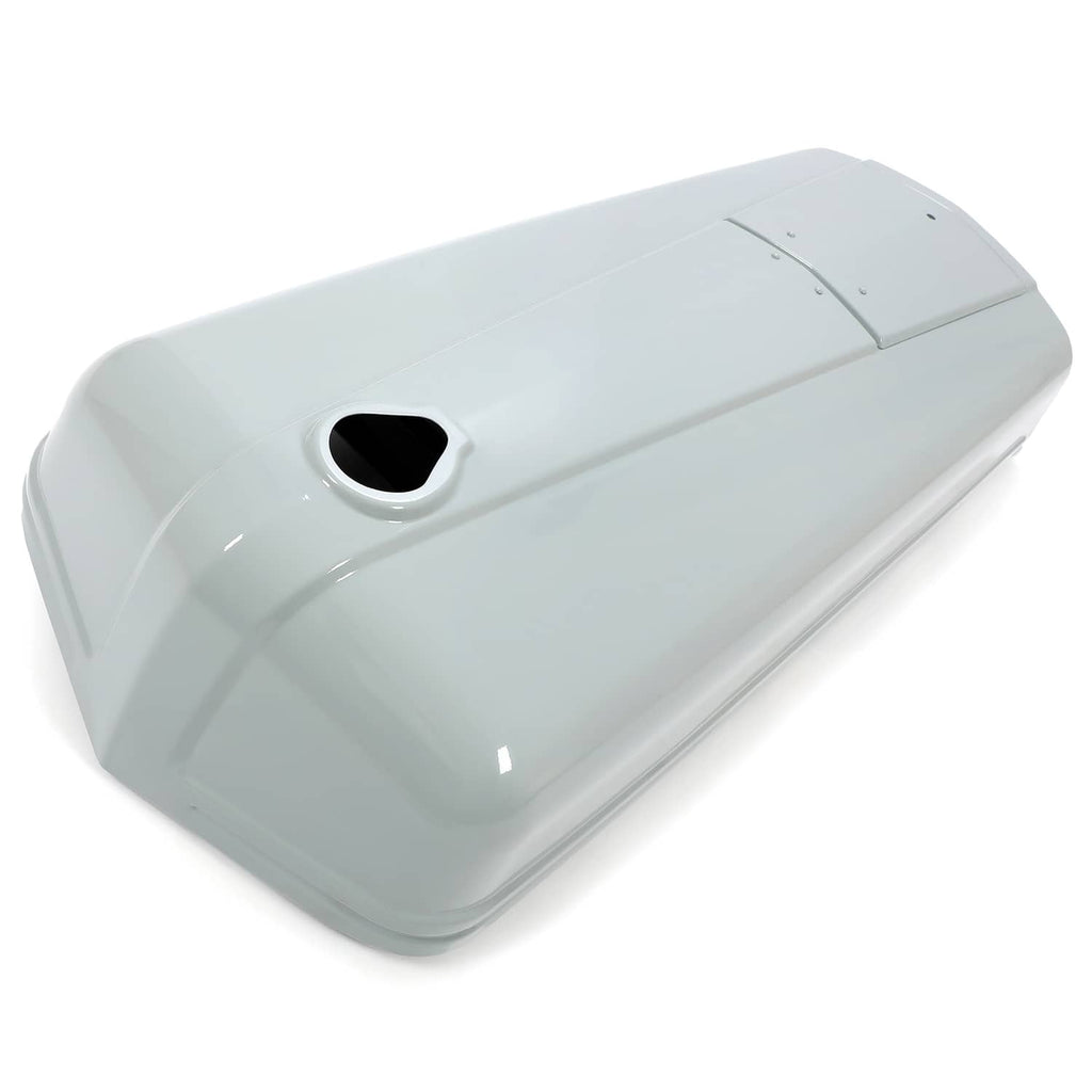 Light gray tractor hood with oval black vent opening and top seam lines