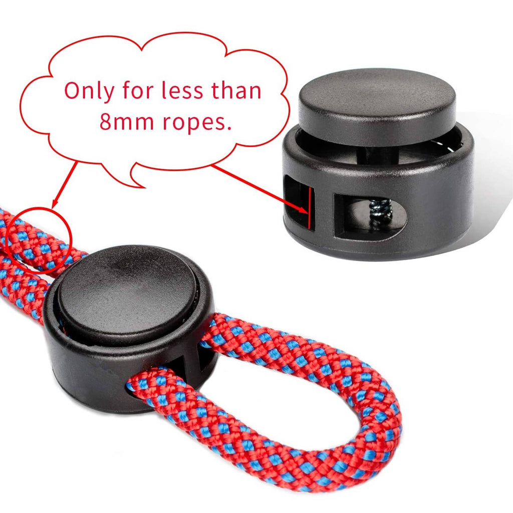 Black cord lock end spring stopper with braided cord loop and screw insert