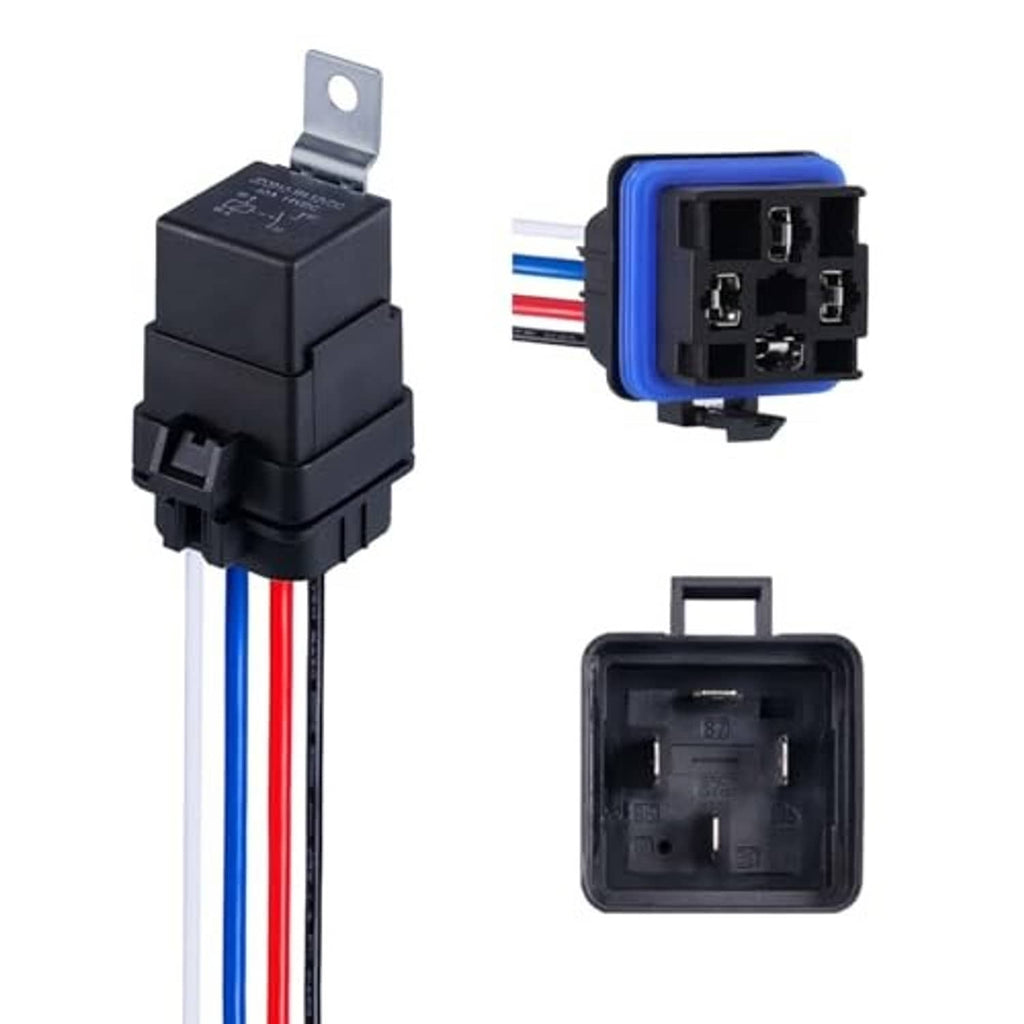 4-pin waterproof relay connector with blue frame, black terminals, and multi-color wire leads