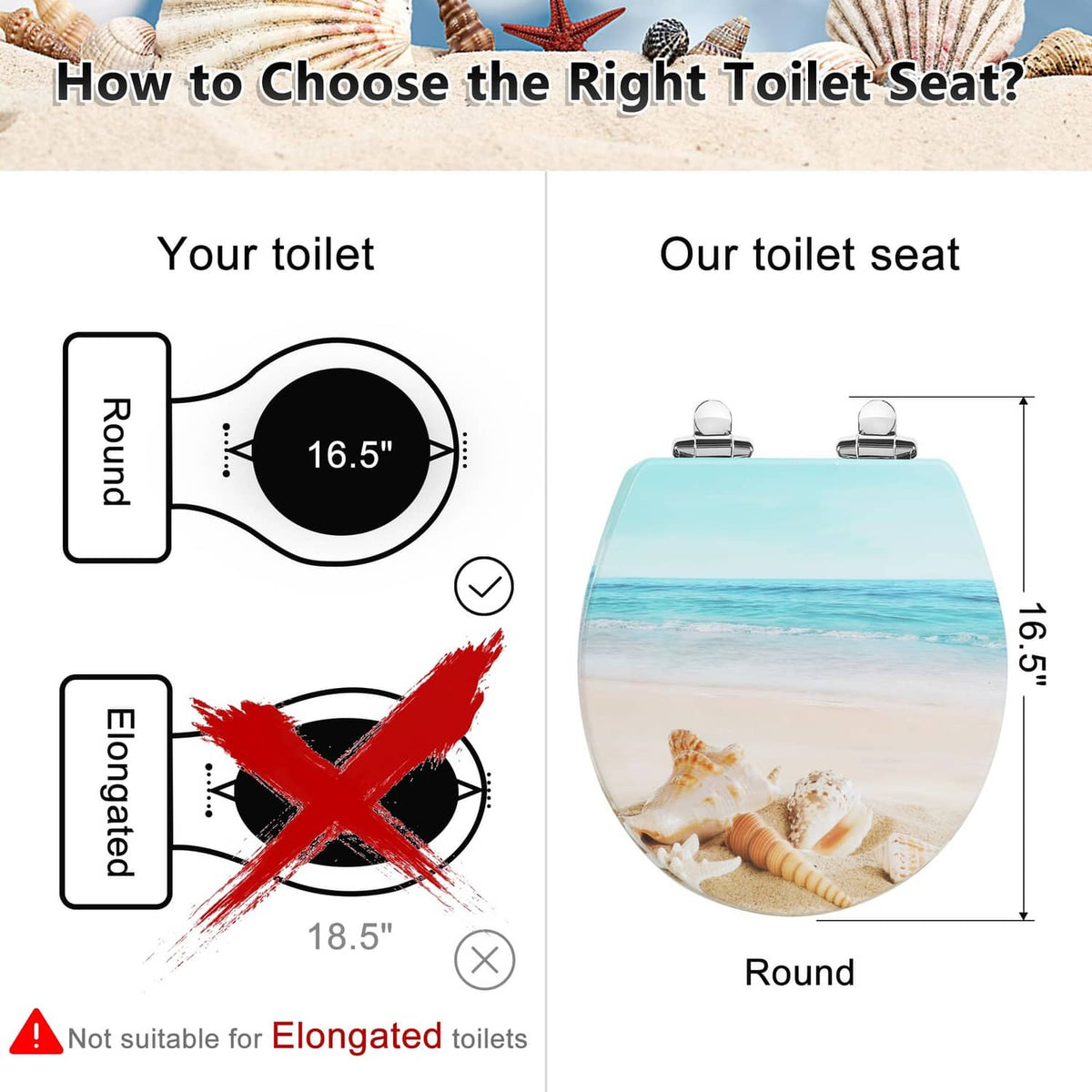Round toilet seat size diagram with beach shell and ocean graphic