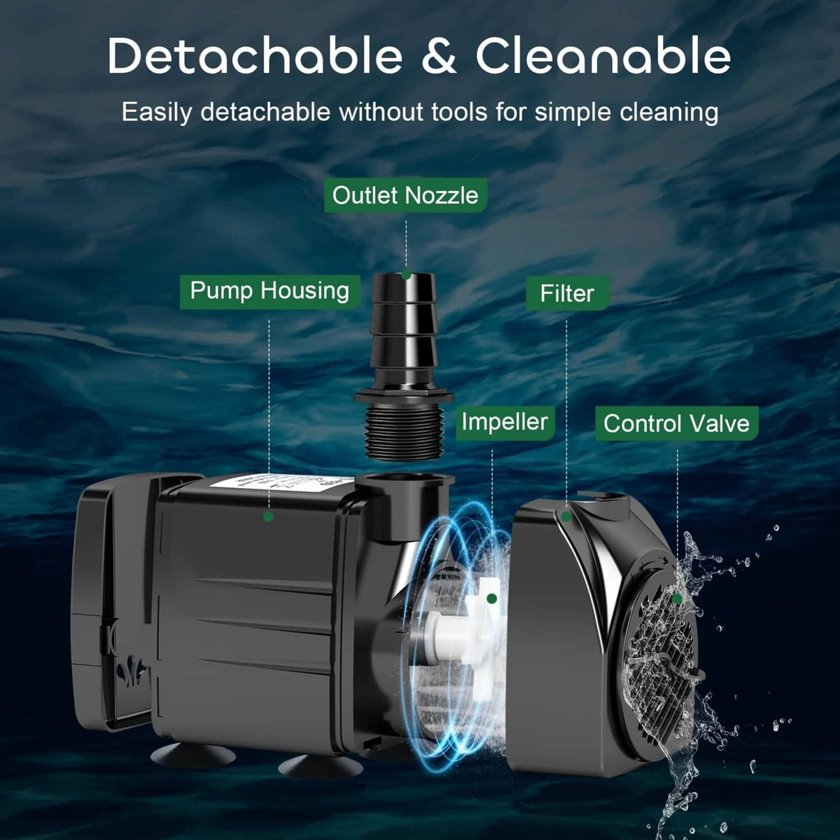 Black submersible water pump with detachable nozzle and control valve parts