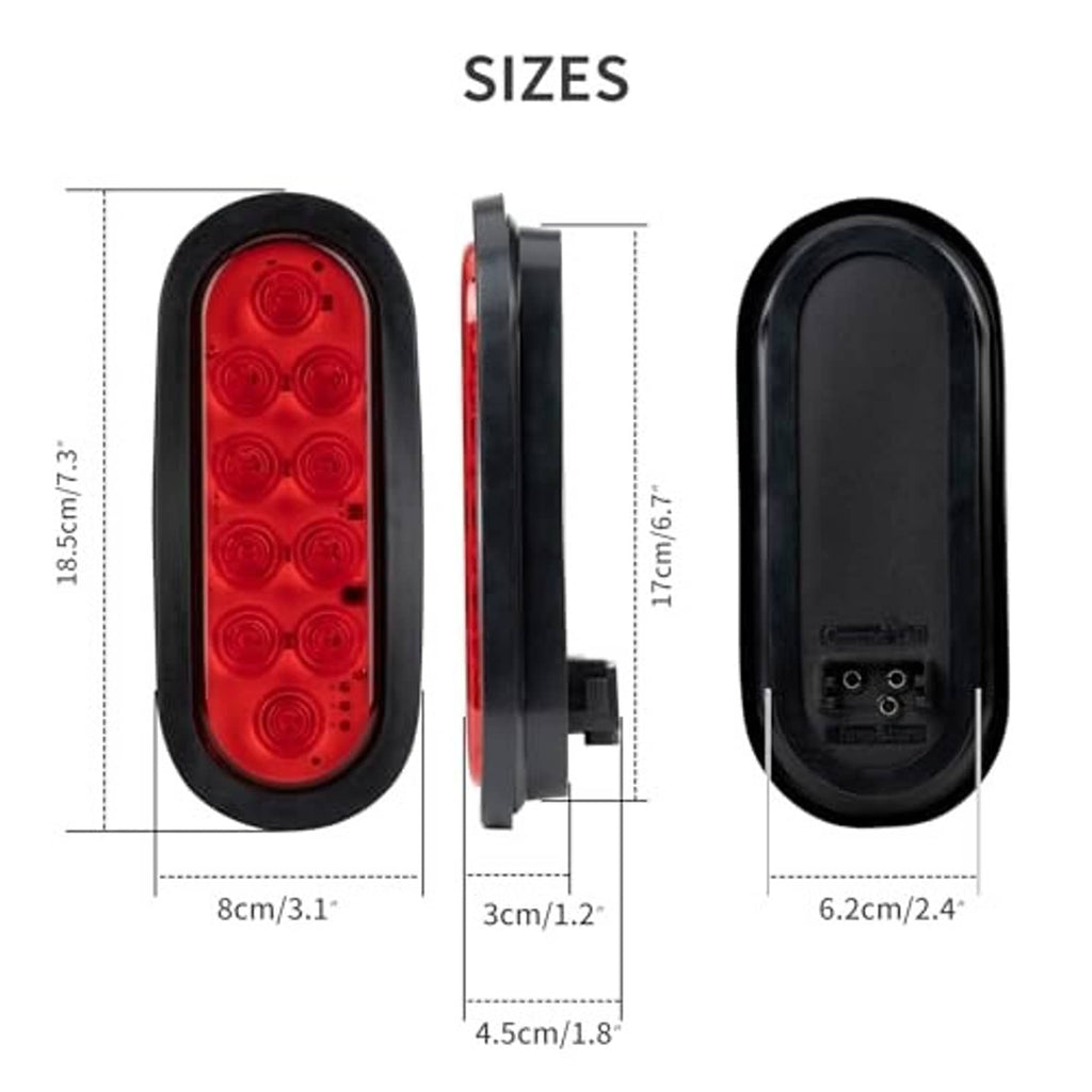 Red oval LED trailer tail light with black housing, side views, and rear connector