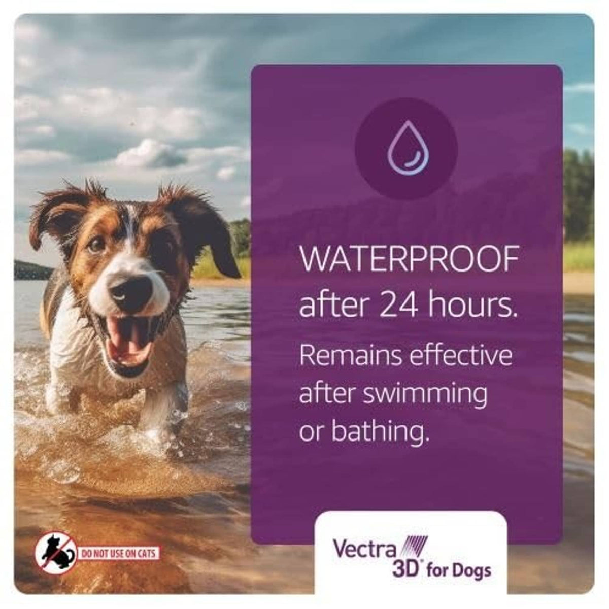 Vectra 3D for Dogs waterproof panel: remains effective after 24 hours swimming or bathing
