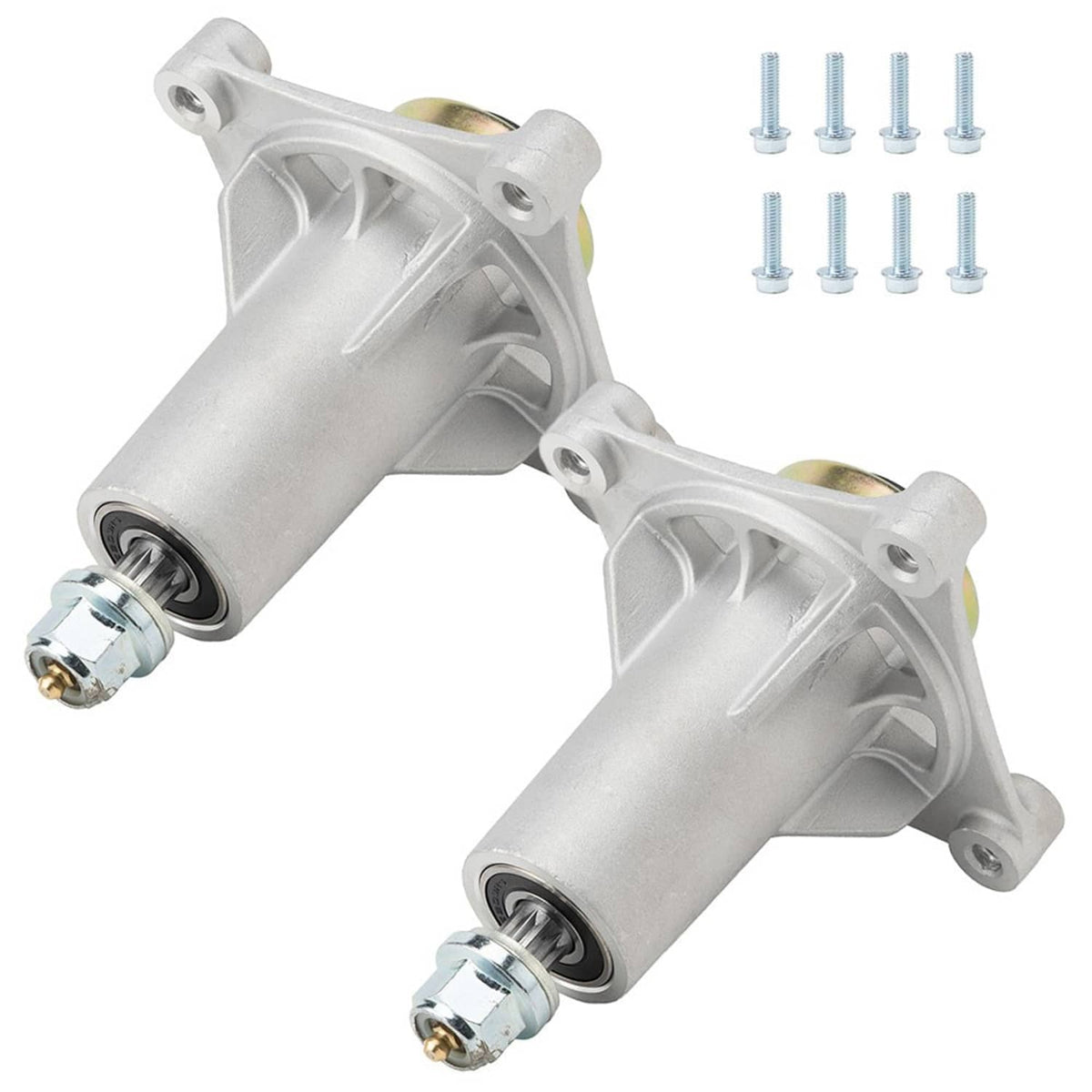 Set of 2 spindle assemblies with mounting plates, bearings, and hardware