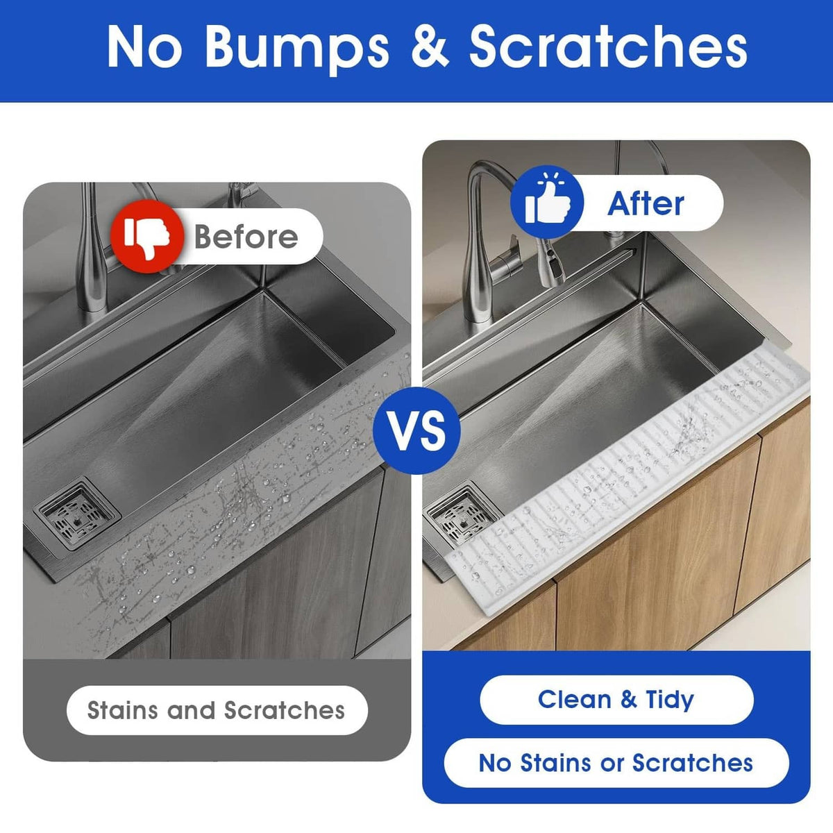 Transparent silicone sink edge protector along sink edge to help reduce splashes