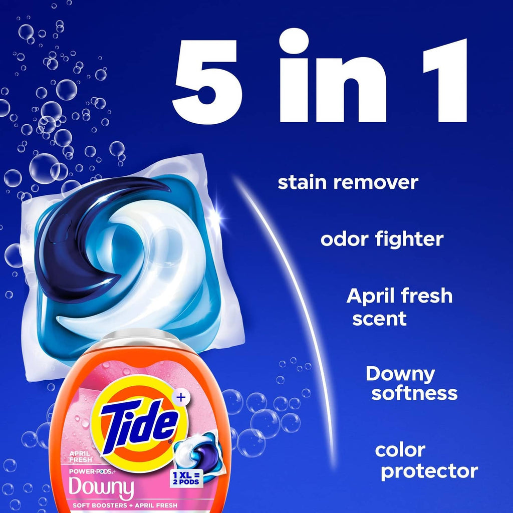 Blue Tide+Downy detergent pod pack with 5-in-1 claim layout