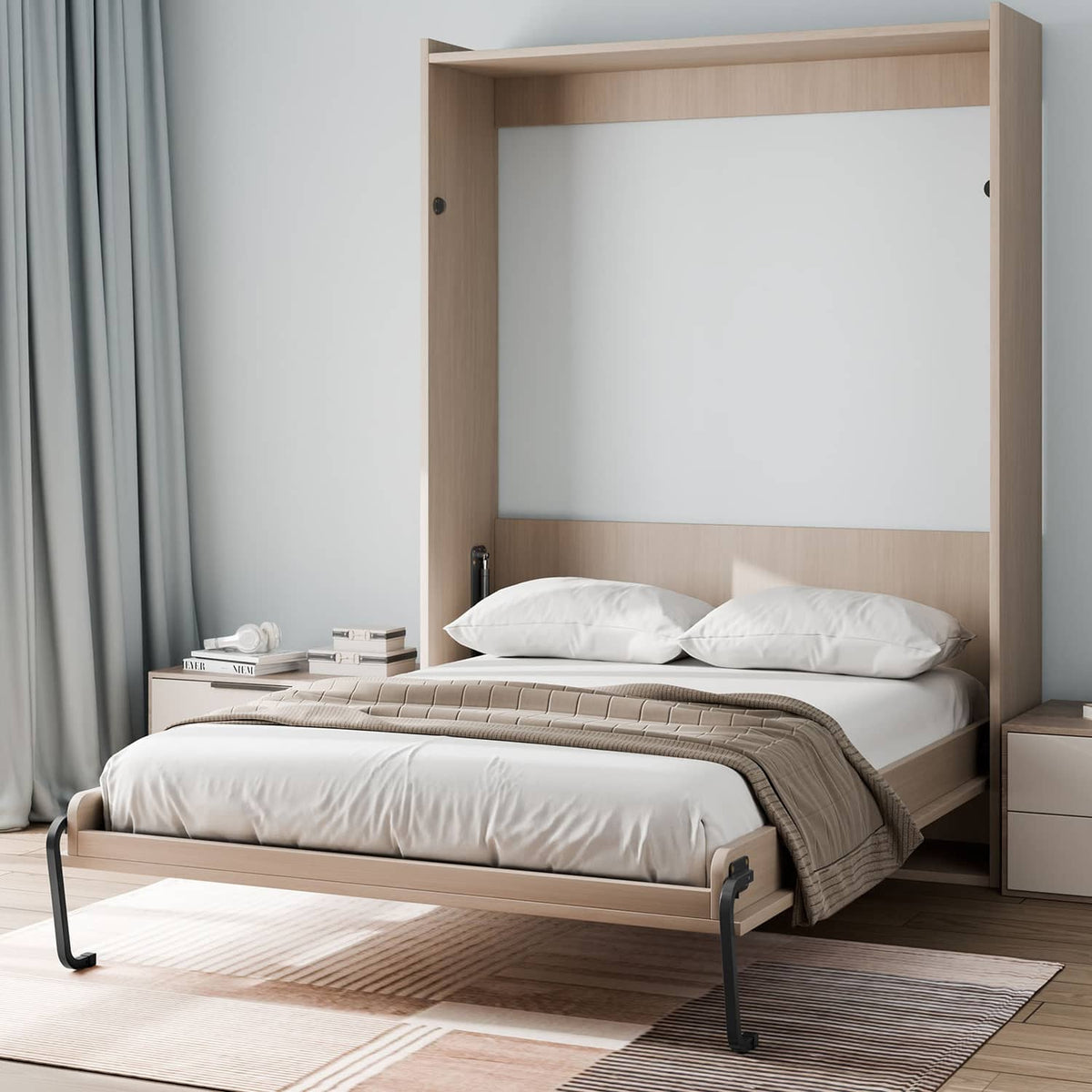 Opened wall-mounted Murphy bed with queen mattress on black frame and support feet