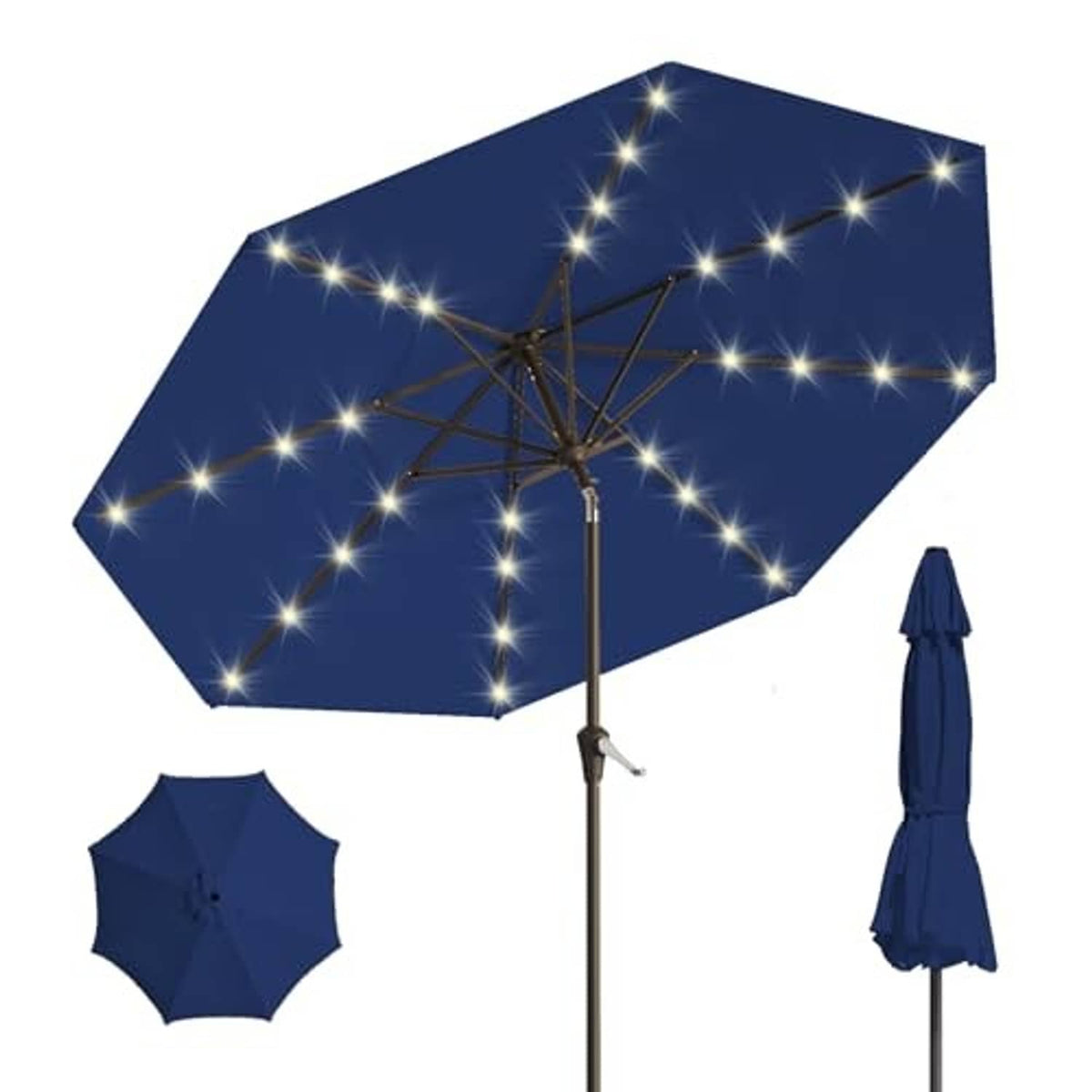 Navy 9 ft solar LED patio umbrella with bright light string on open canopy