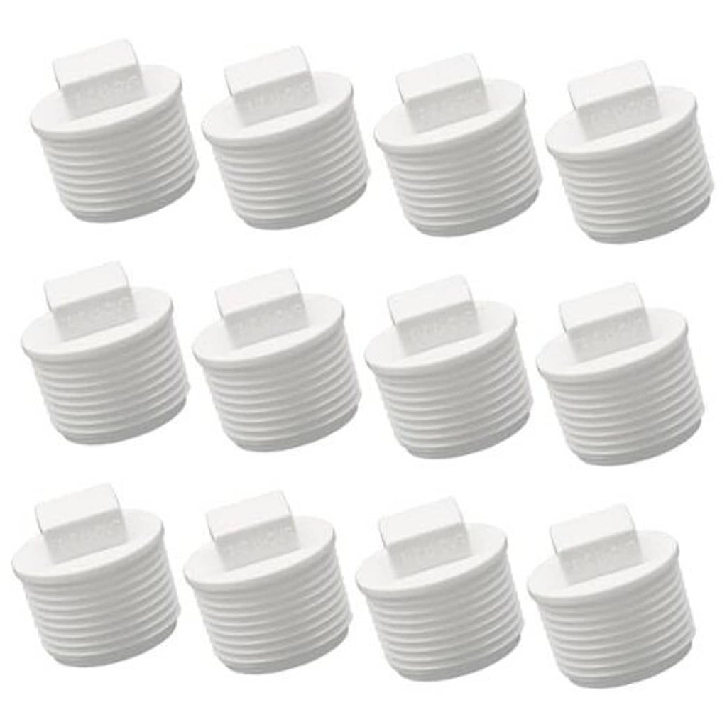Set of white PVC male-thread pipe end cap plug adapters, 3/4 in (12-pack)