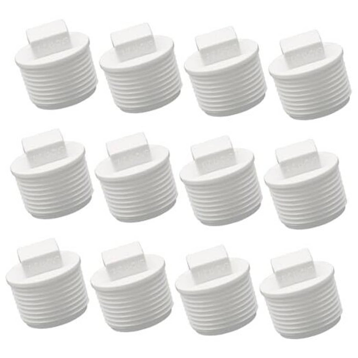 Set of white PVC male-thread pipe end cap plug adapters, 3/4 in (12-pack)