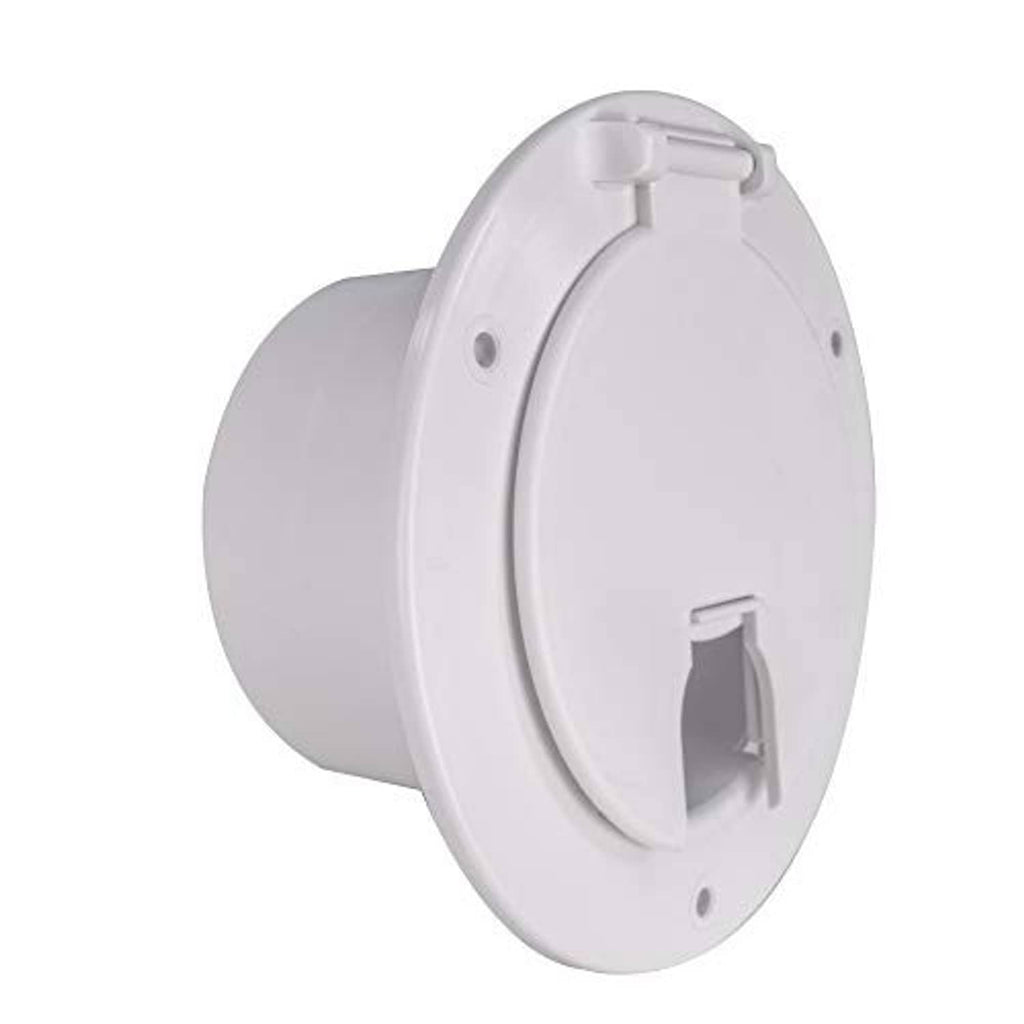 White RV power cord hatch cover with round snap-lock door and cord inlet