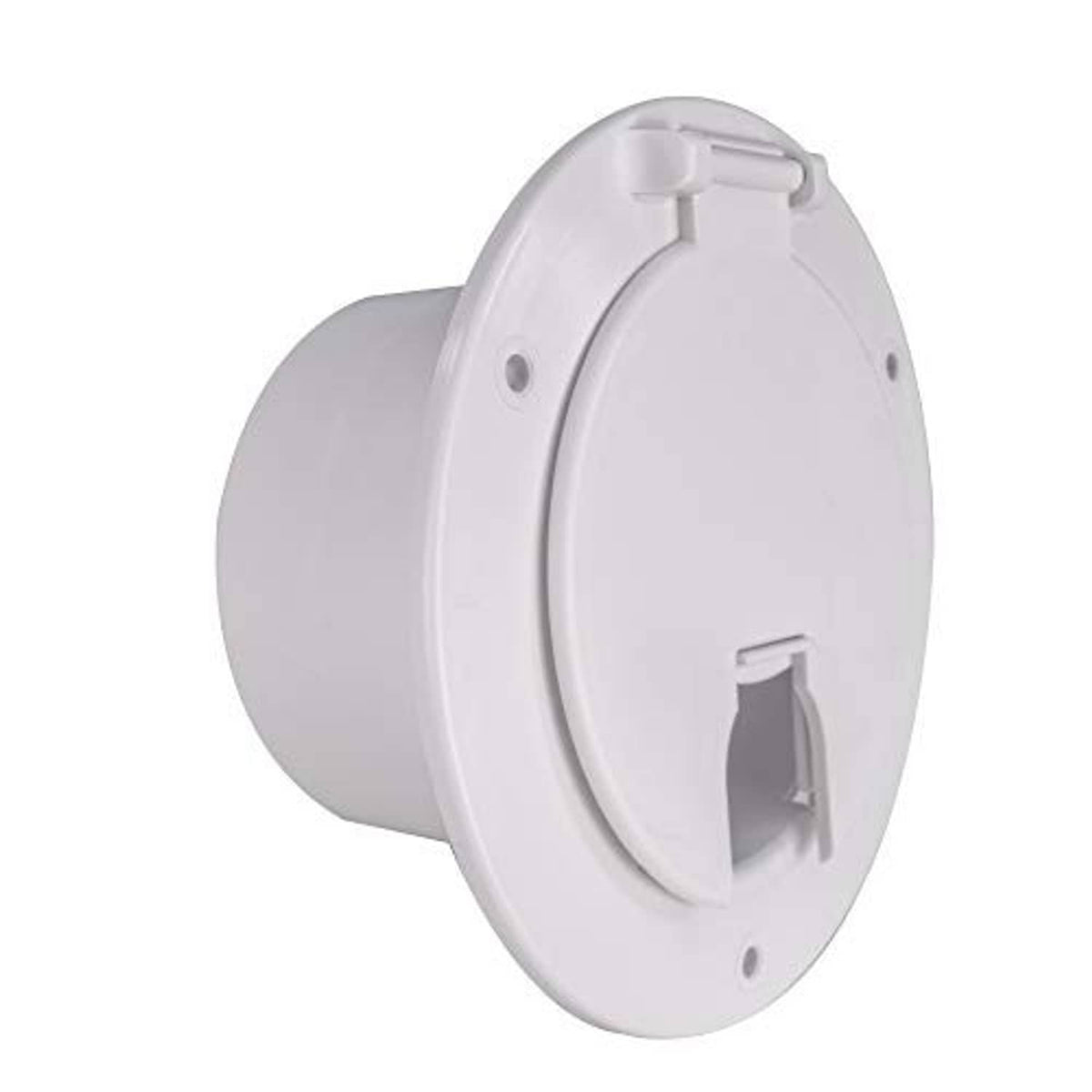 White RV power cord hatch cover with round snap-lock door and cord inlet