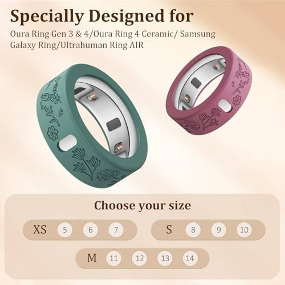 Green and purple floral smart ring covers on a size-selection card