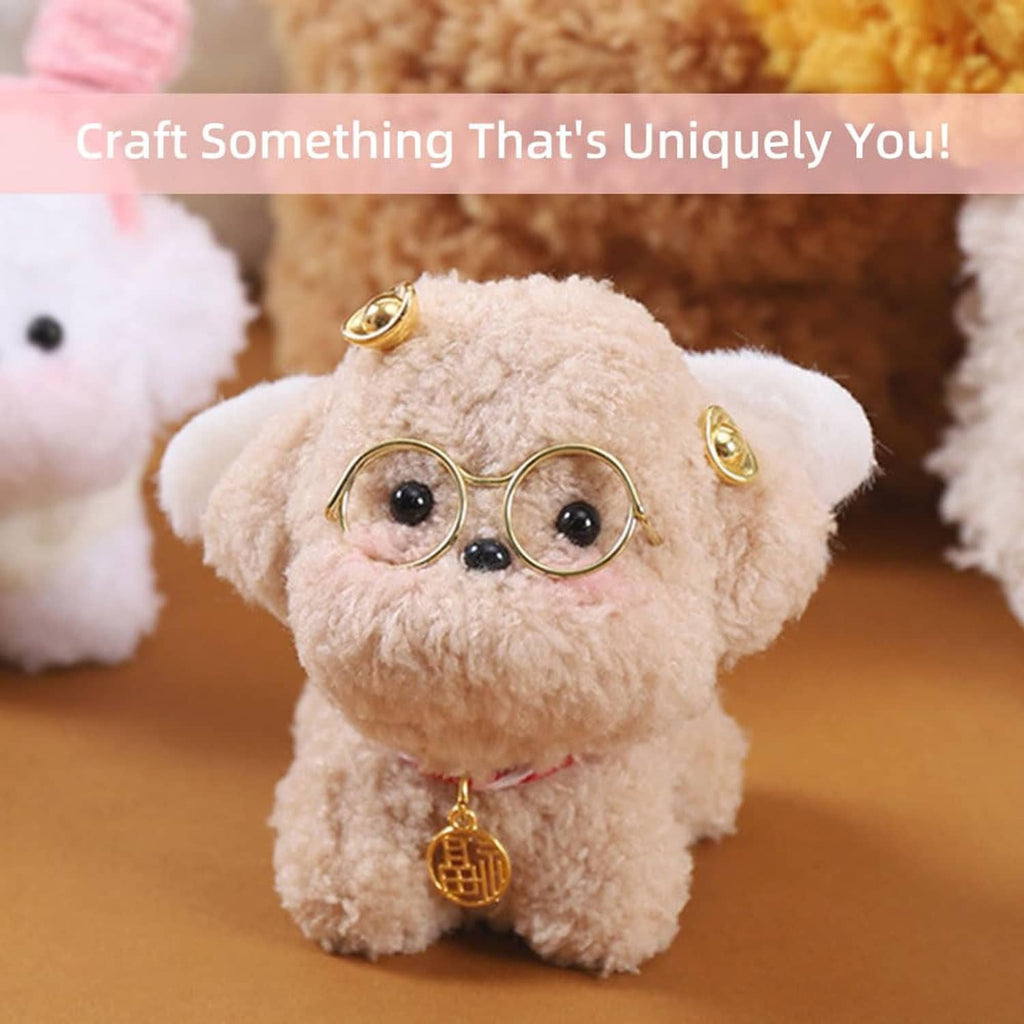 Mini chenille plush puppy with round glasses and gold charm ring, crafted from fuzzy stems