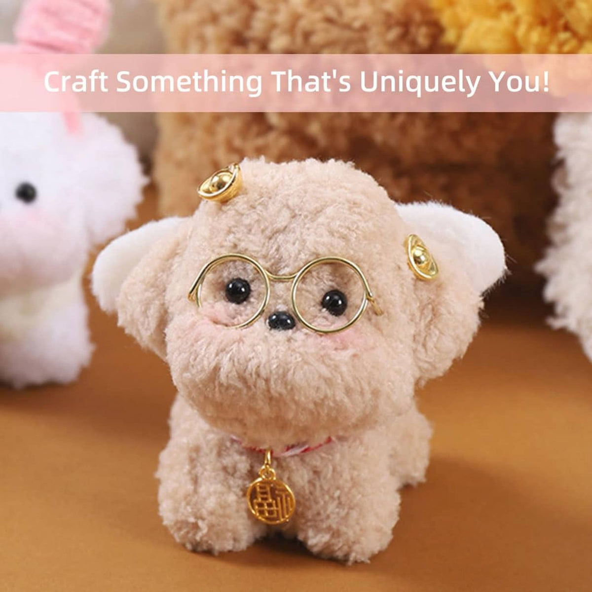 Mini chenille plush puppy with round glasses and gold charm ring, crafted from fuzzy stems