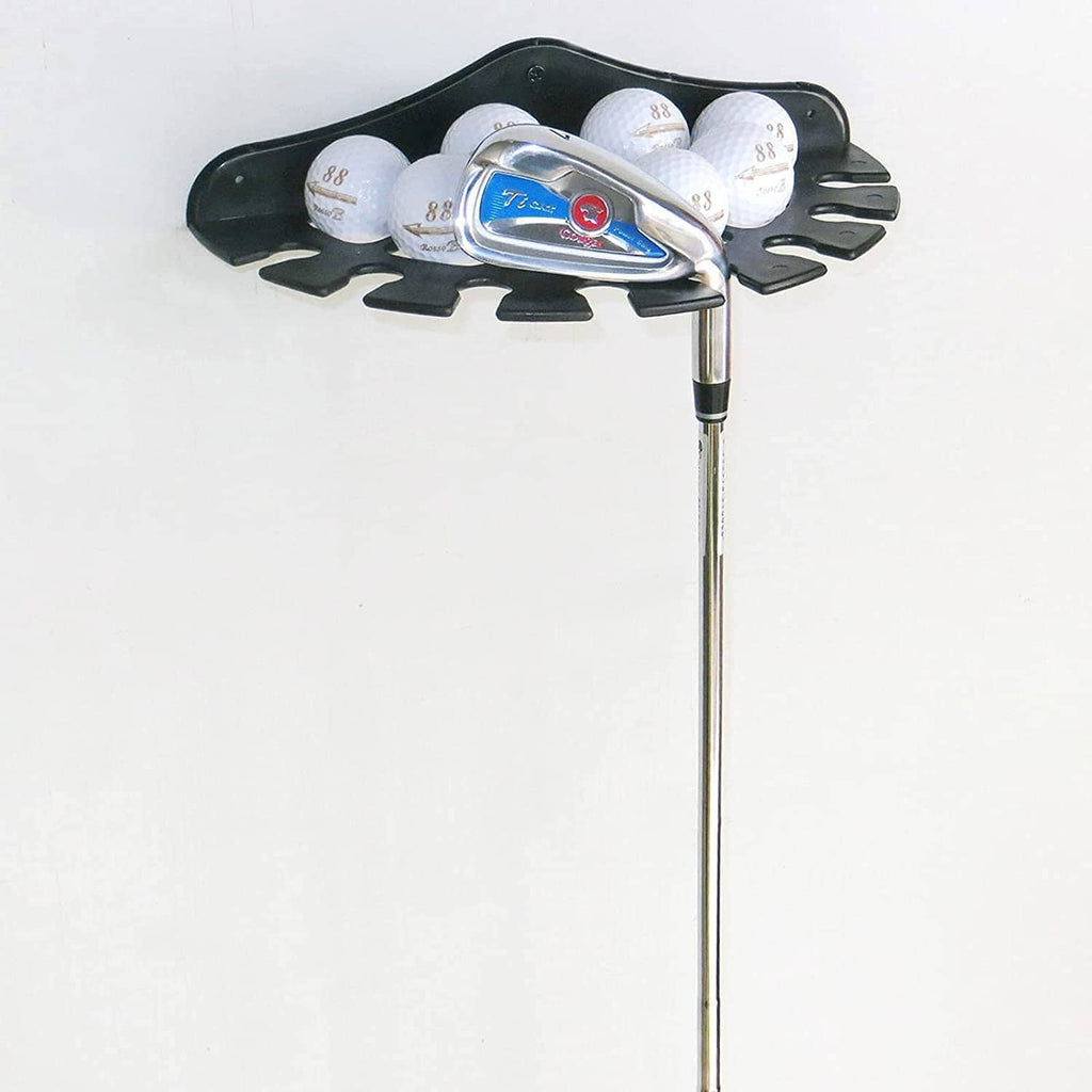 Black golf putter display rack with club heads and several golf balls in holders.