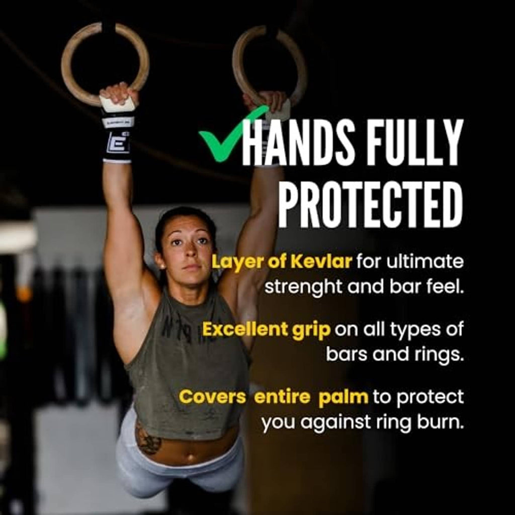 Woman gripping rings with black padded hand grips and wrist straps