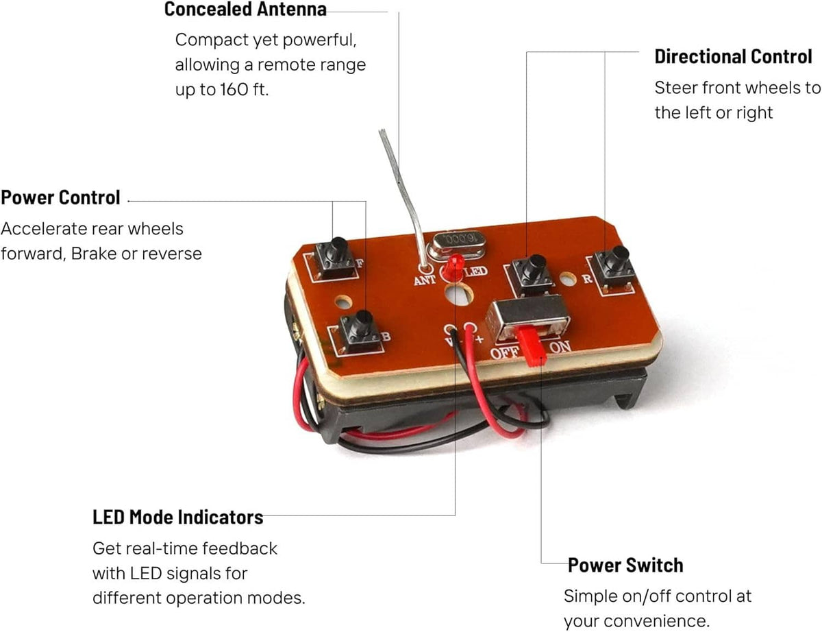 Orange remote controller board with antenna, power switch, and LED mode indicators for car kit