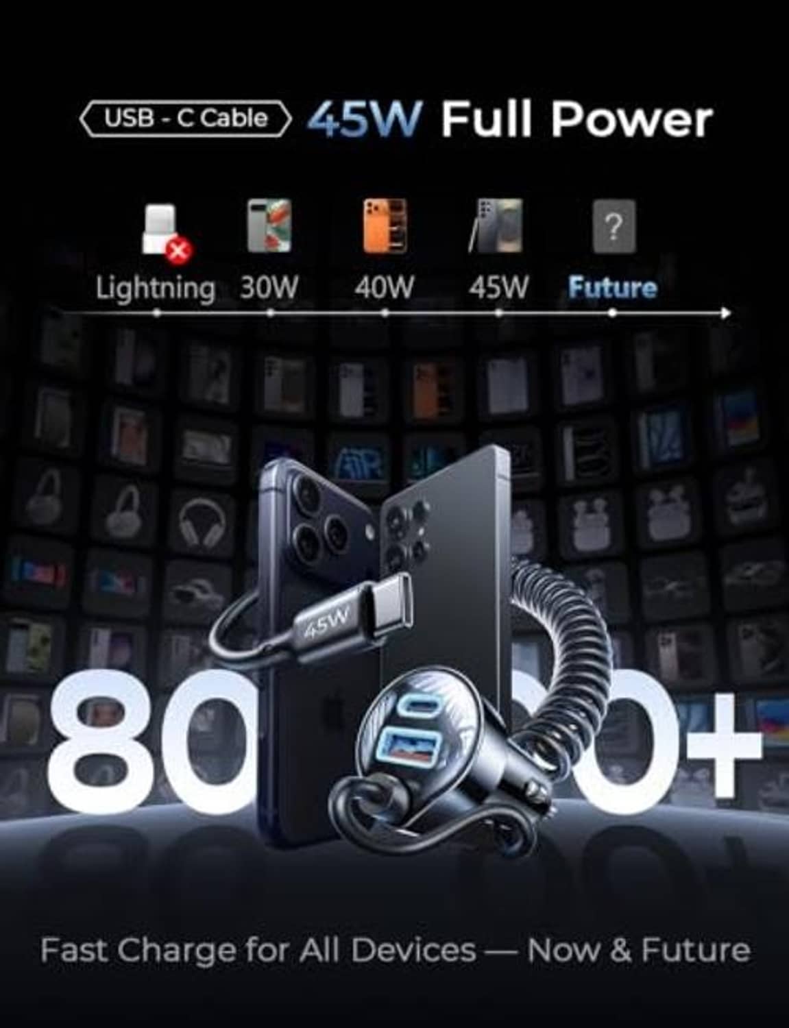 USB-C car charger adapter with coiled cable, showing 45W full power label