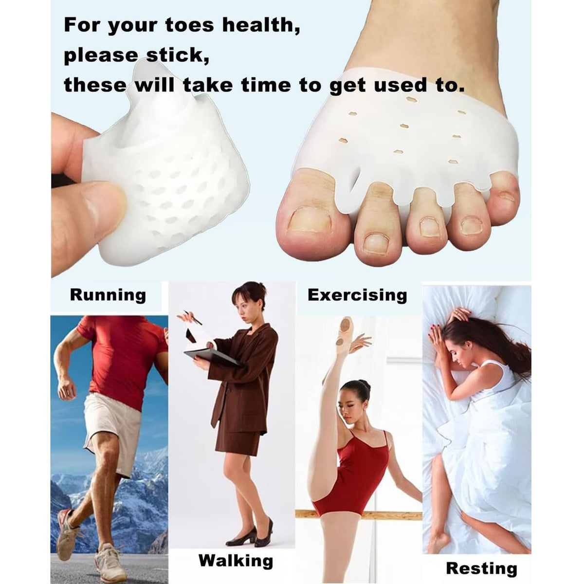 White silicone toe separator cushions, snug fit with toe-divider slots