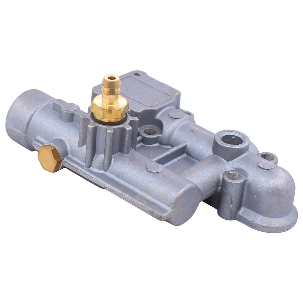 Pressure washer unloader manifold with brass inlet fitting and grey cast housing