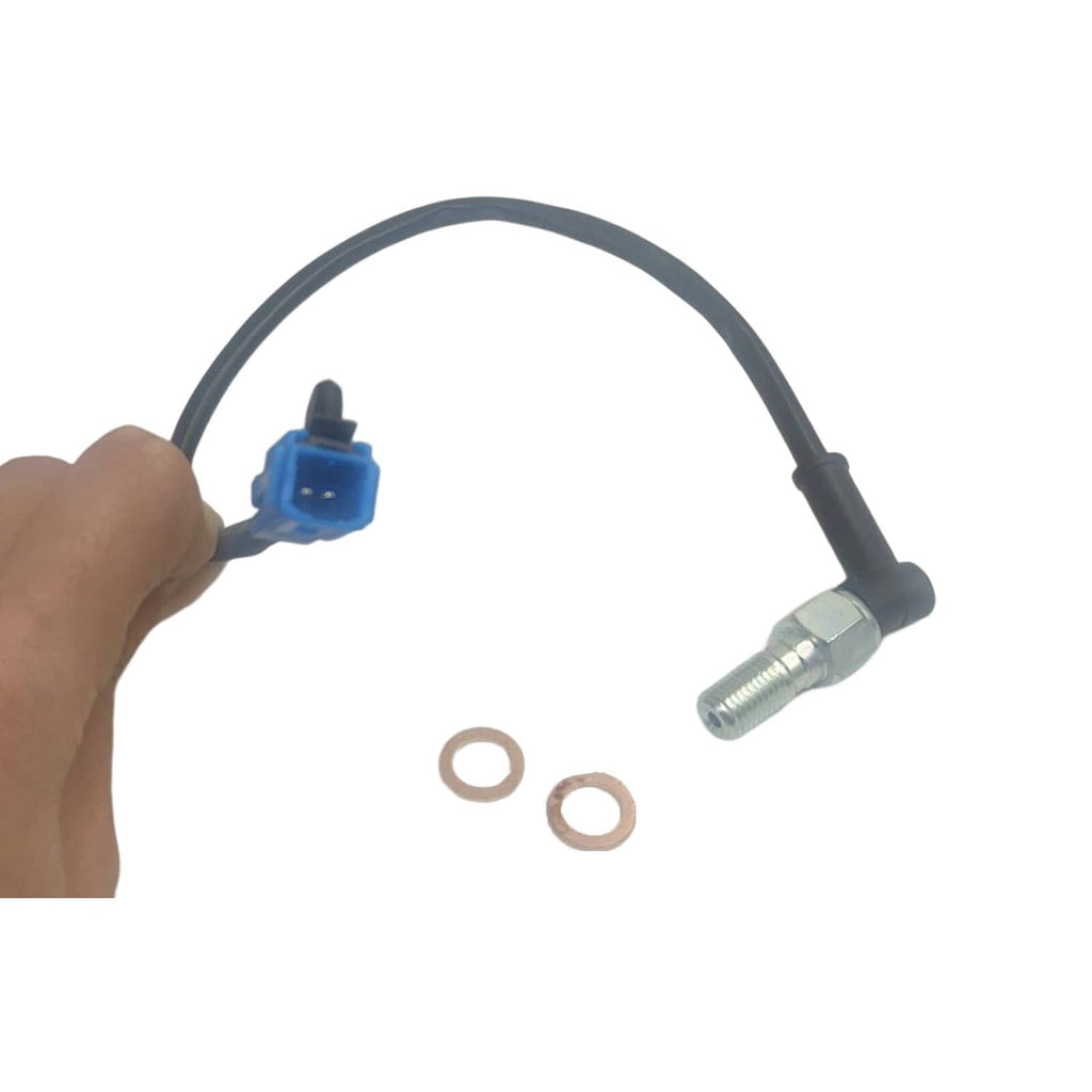 Brake stop sensor wiring harness with blue connector plug and silver threaded end
