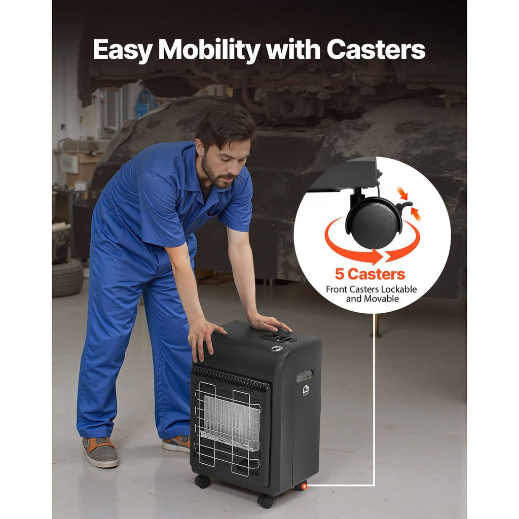 Portable propane heater on casters with front grille and glowing heating element