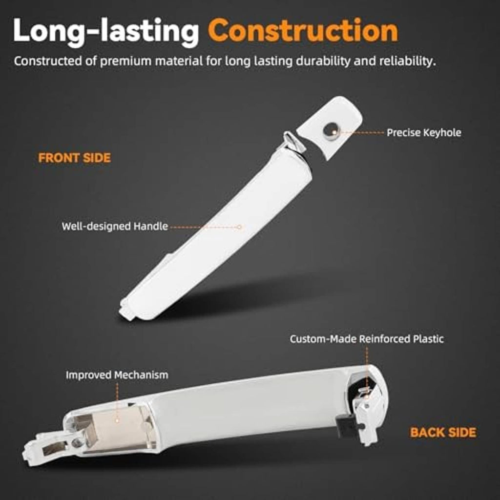 Chrome exterior door handle with mounting head and reinforced plastic construction diagram
