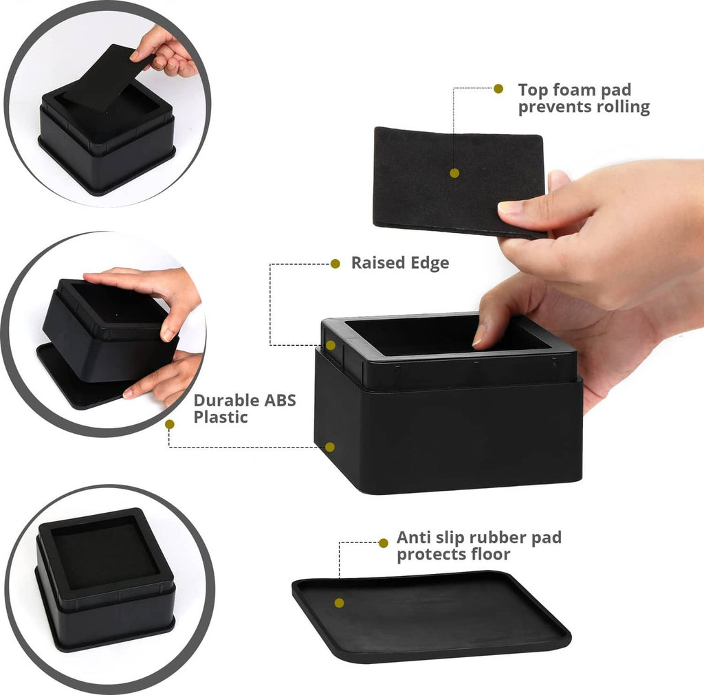 Black bed risers with raised edge, anti-slip rubber pad, and top foam insert