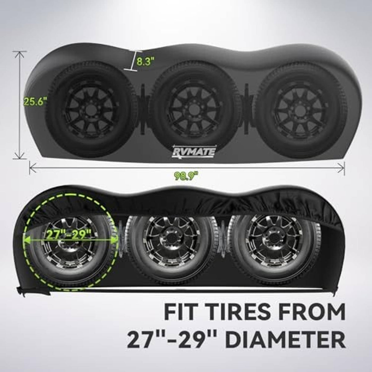 Black triple-axle tire cover fitted to three wheels, sizing guide shown