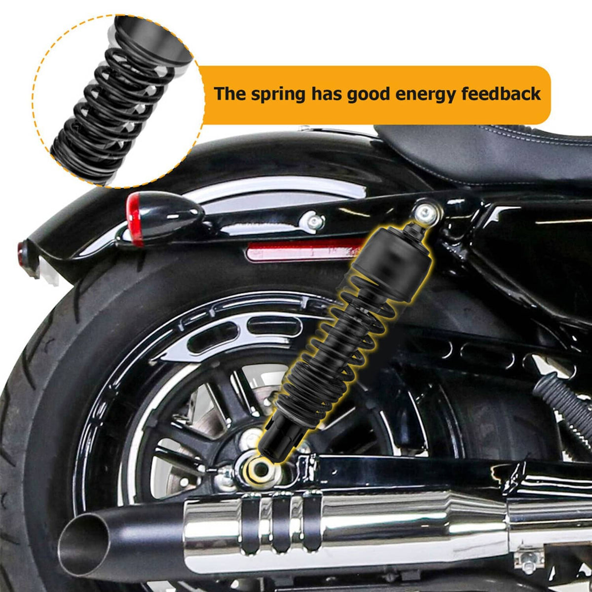 Black rear shock absorber and coil spring assembly with mounted hardware detail