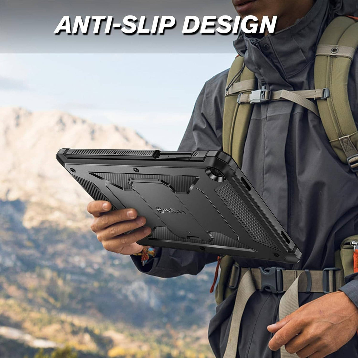 Rugged tablet case with anti-slip texture and kickstand base, dark gray/black frame