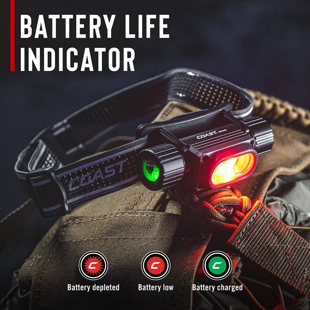 Rechargeable headlamp with battery life indicator lights on strap