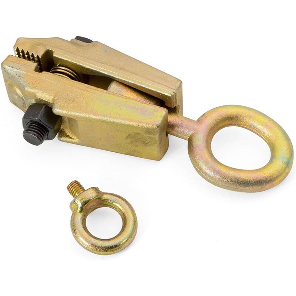 Auto body pull clamp tool with self-tightening screw and round ring hook, gold tone.