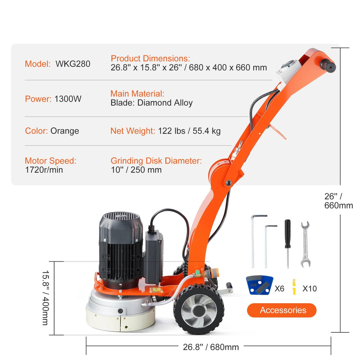 Orange walk-behind floor grinder with dimension diagram and included accessory tools