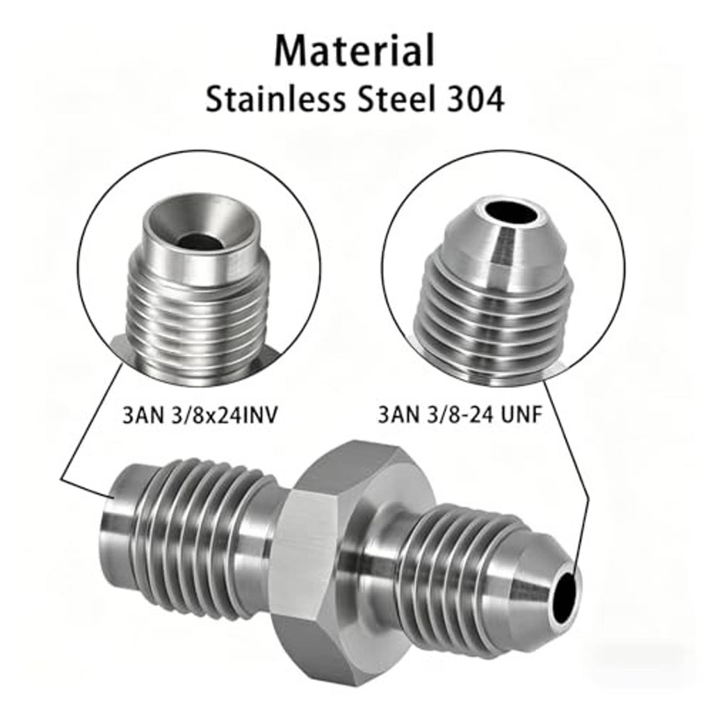 Two stainless steel inverted flare male fittings with threaded sections and openings