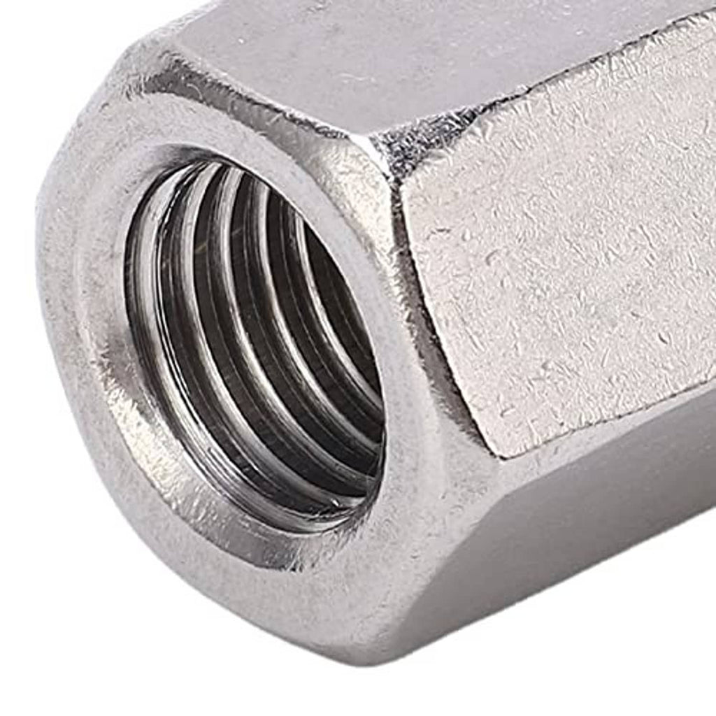 Side close-up of 304 stainless hex coupling nut with internal thread grooves, M16x2