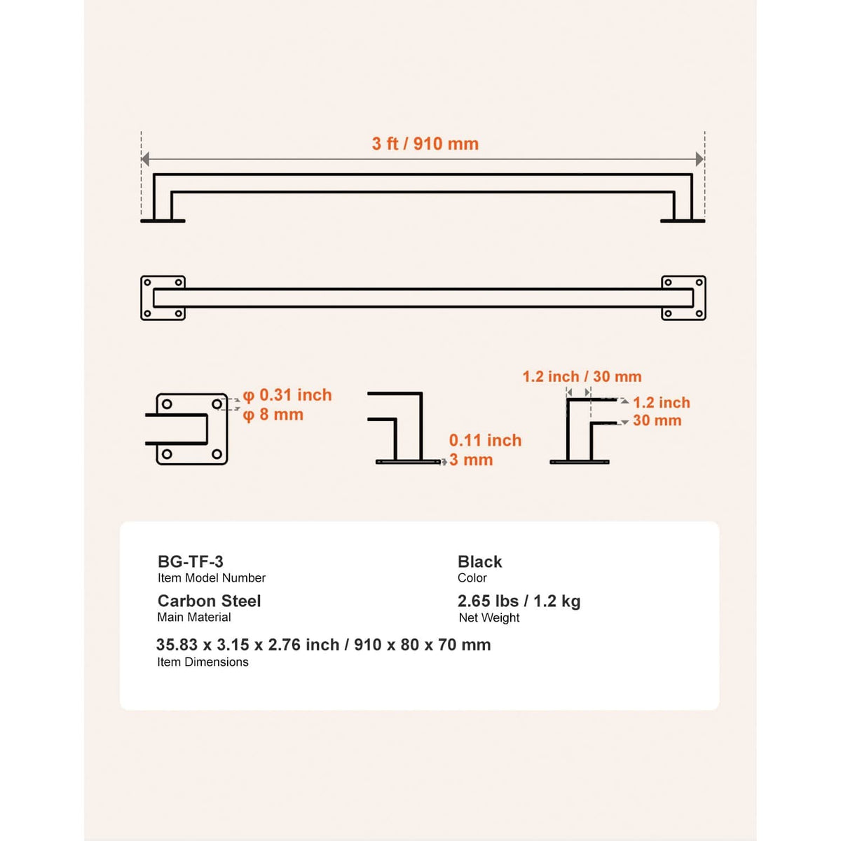 Stair handrail dimensions diagram for black square tube with mounting bracket measurements