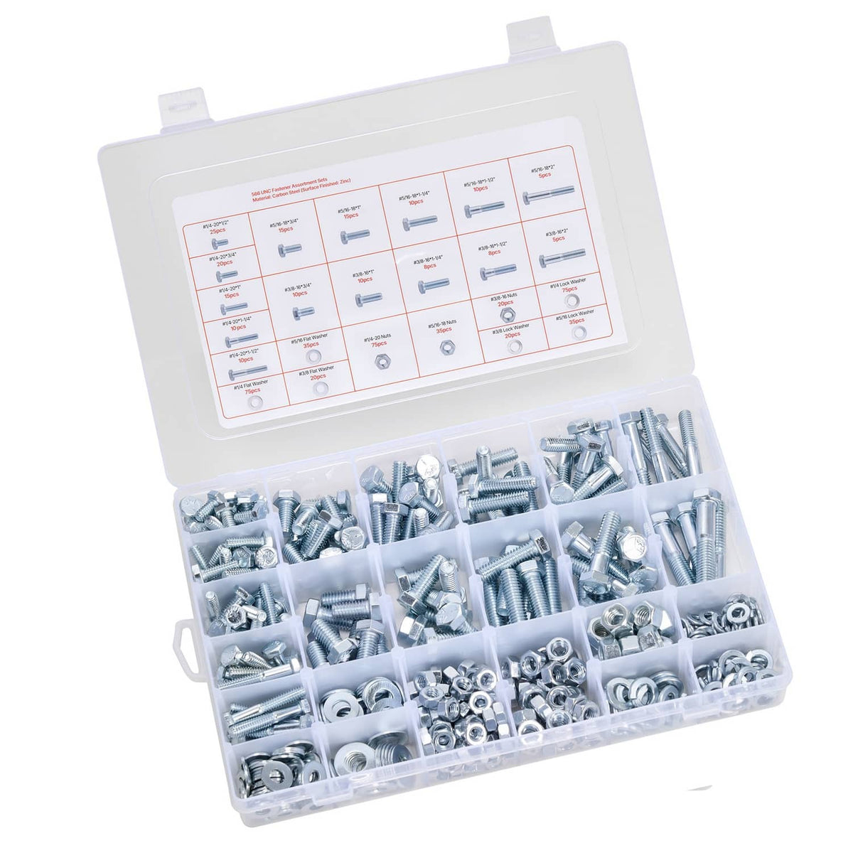 566-piece bolt and nut assortment kit in clear plastic storage box