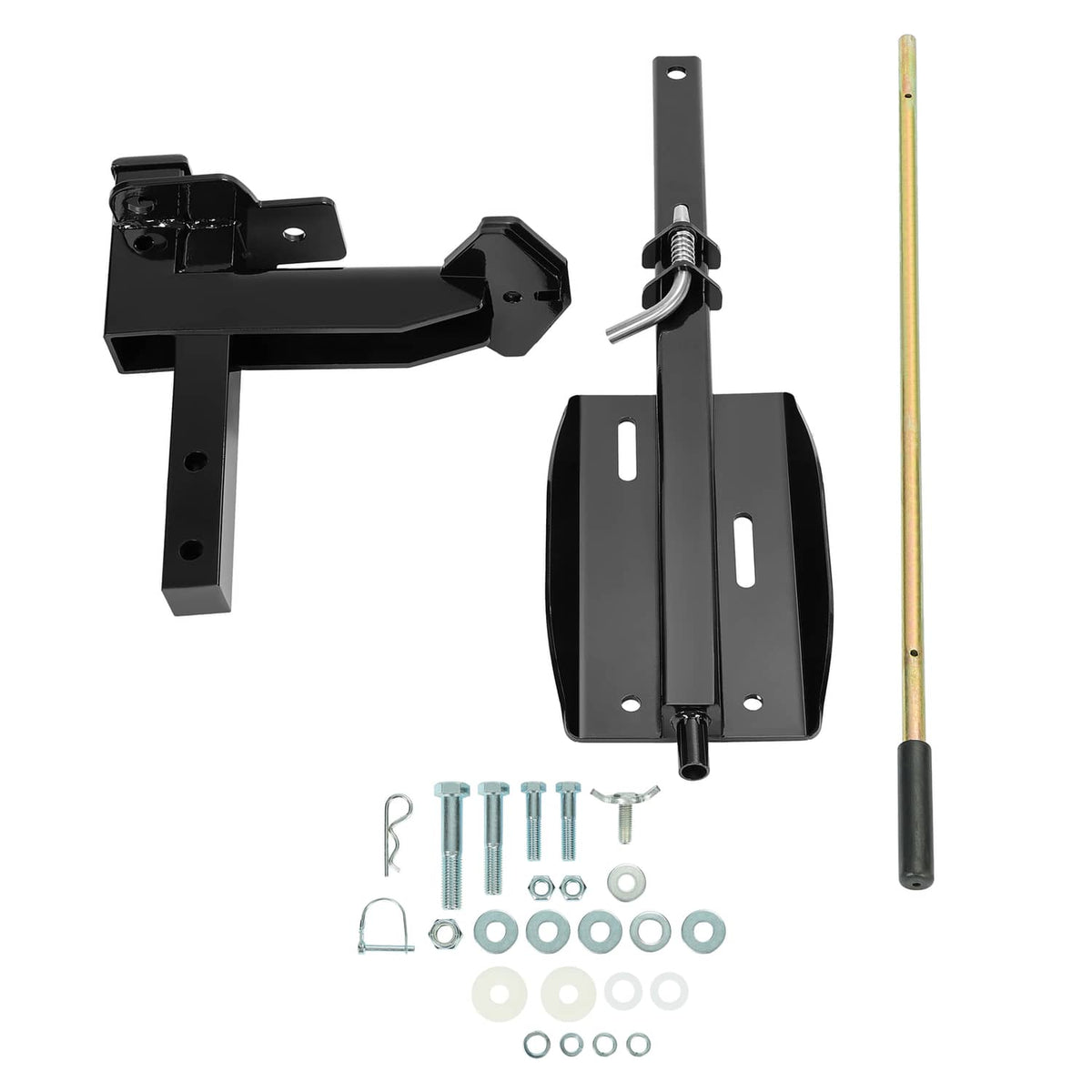 Black RV spare tire carrier with mounting arm, U-bolt post, and included fasteners