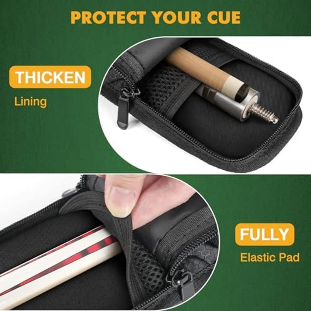 Close-up of black pool cue case interior with padded lining and elastic securing area.