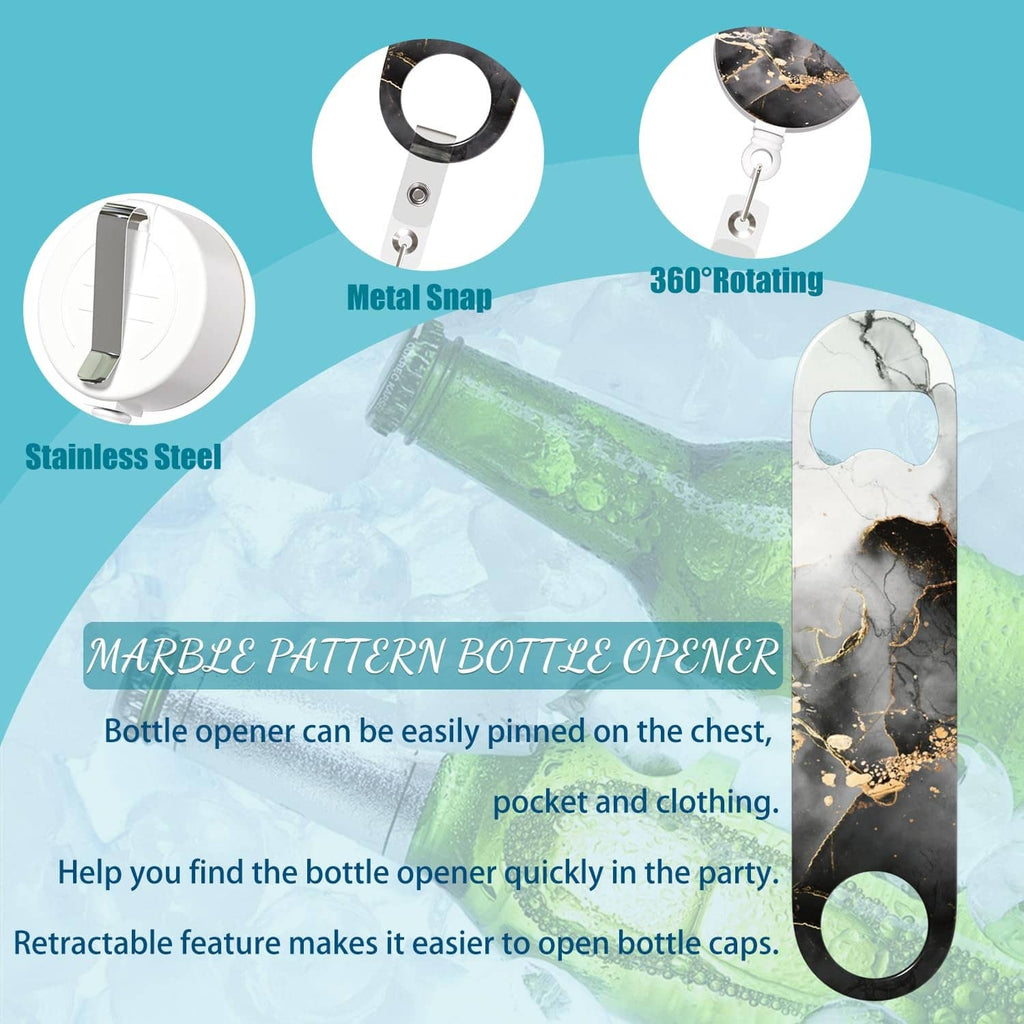 Stainless steel retractable bottle opener with snap clasp and circular holder