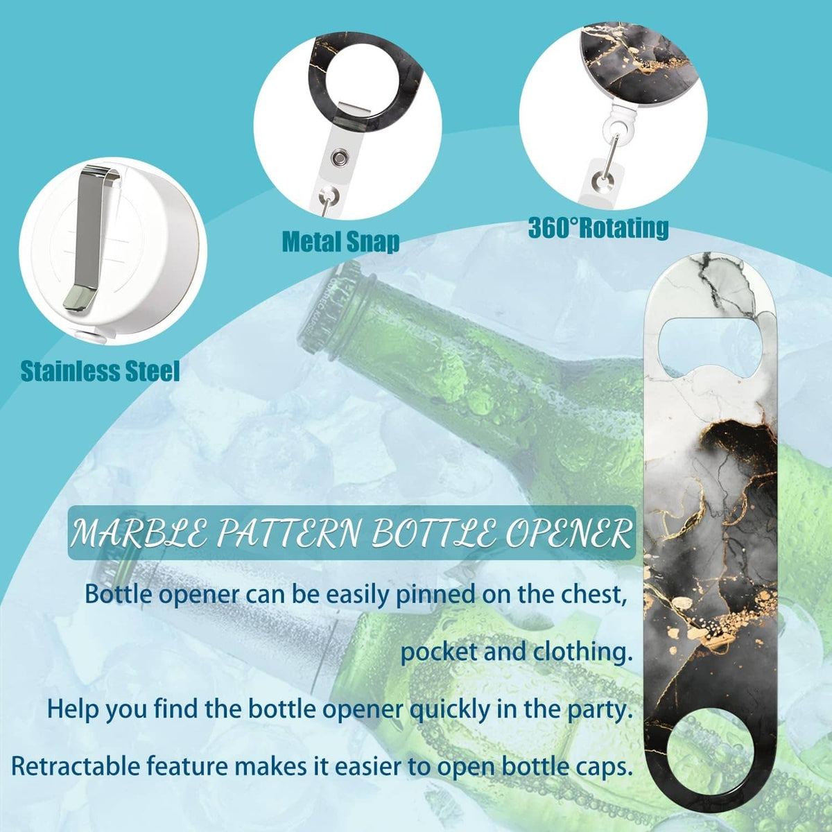 Stainless steel retractable bottle opener with snap clasp and circular holder