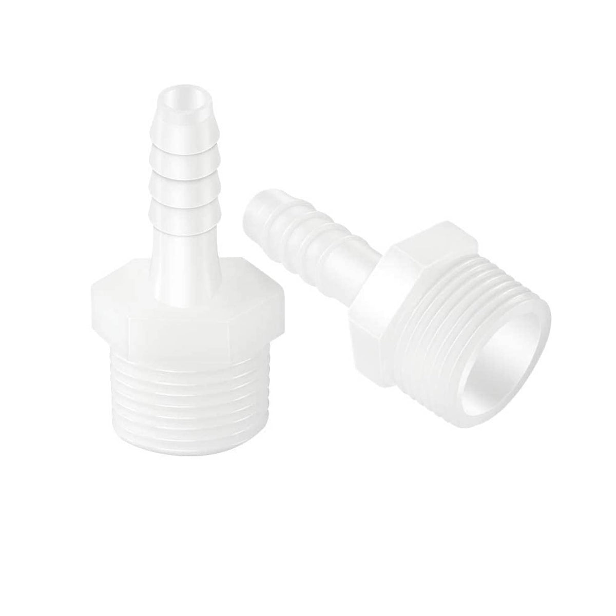 White plastic hose barb adapter union, connected barbed ends