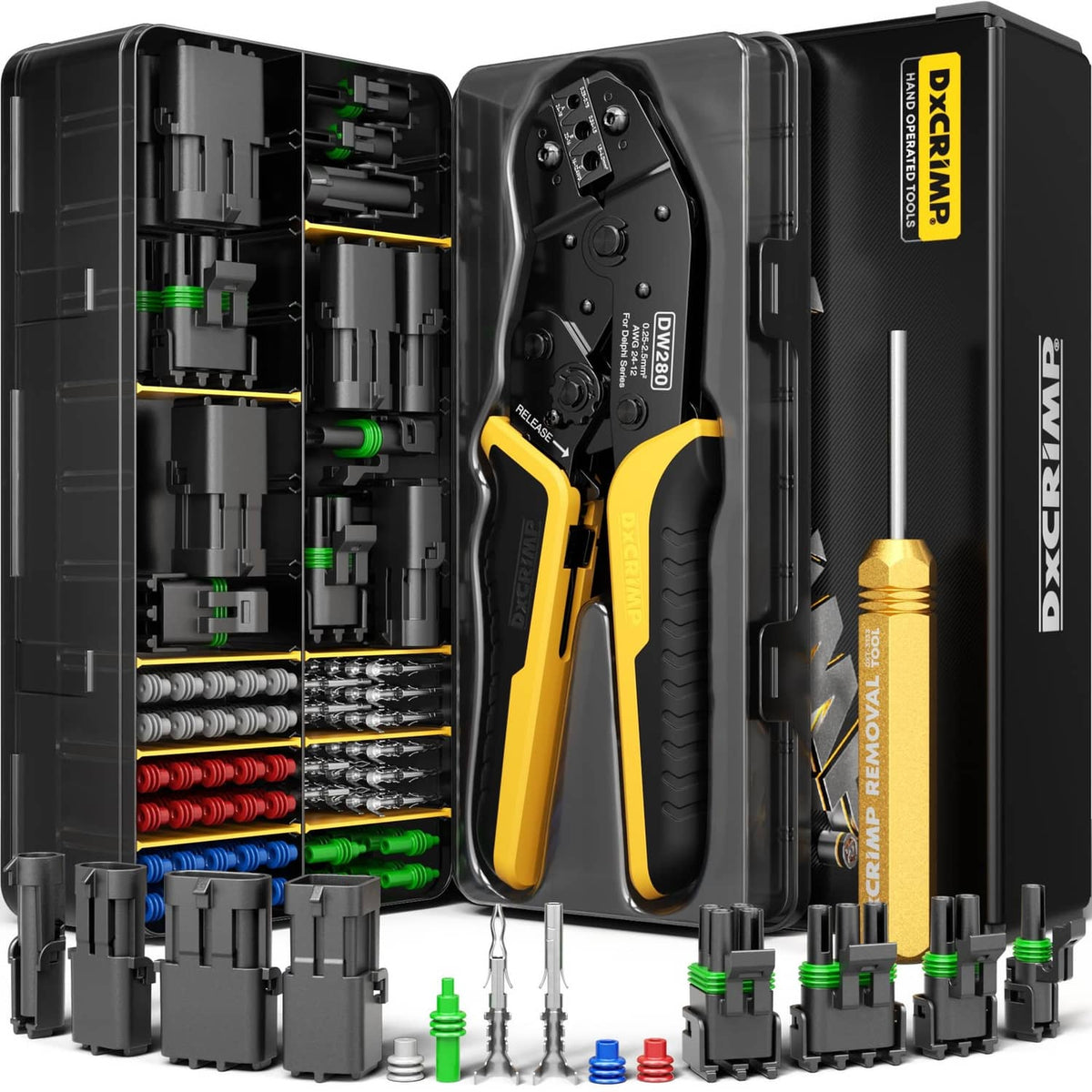 Black crimping tool kit case with 1–4 pin weather pack connectors and terminals