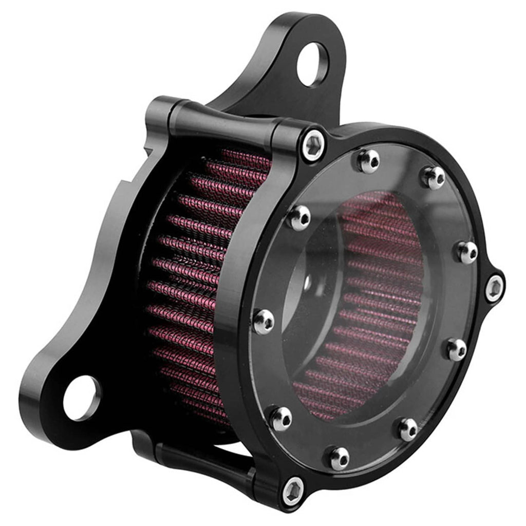 Black air cleaner intake filter housing with red pleated filter, front view